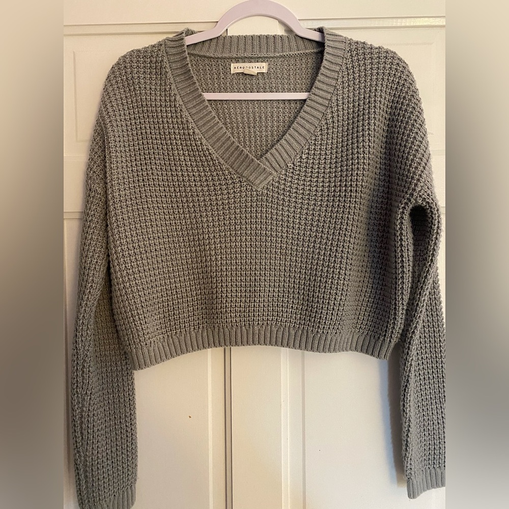Aeropostale Grey V-Neck Knit Cropped Sweater